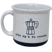 Wholesale - 17oz Matte White Speckled Camper Mug with Debosed "Wake up & Be Awesome" and contrast Navy bottom C/P 36, UPC: 195010126489